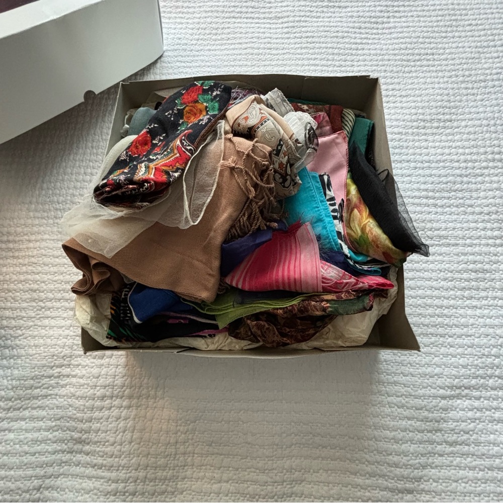 Vintage Scarves 🧣 Box full of vintage scarves ranging from the 50’s to the 80’s